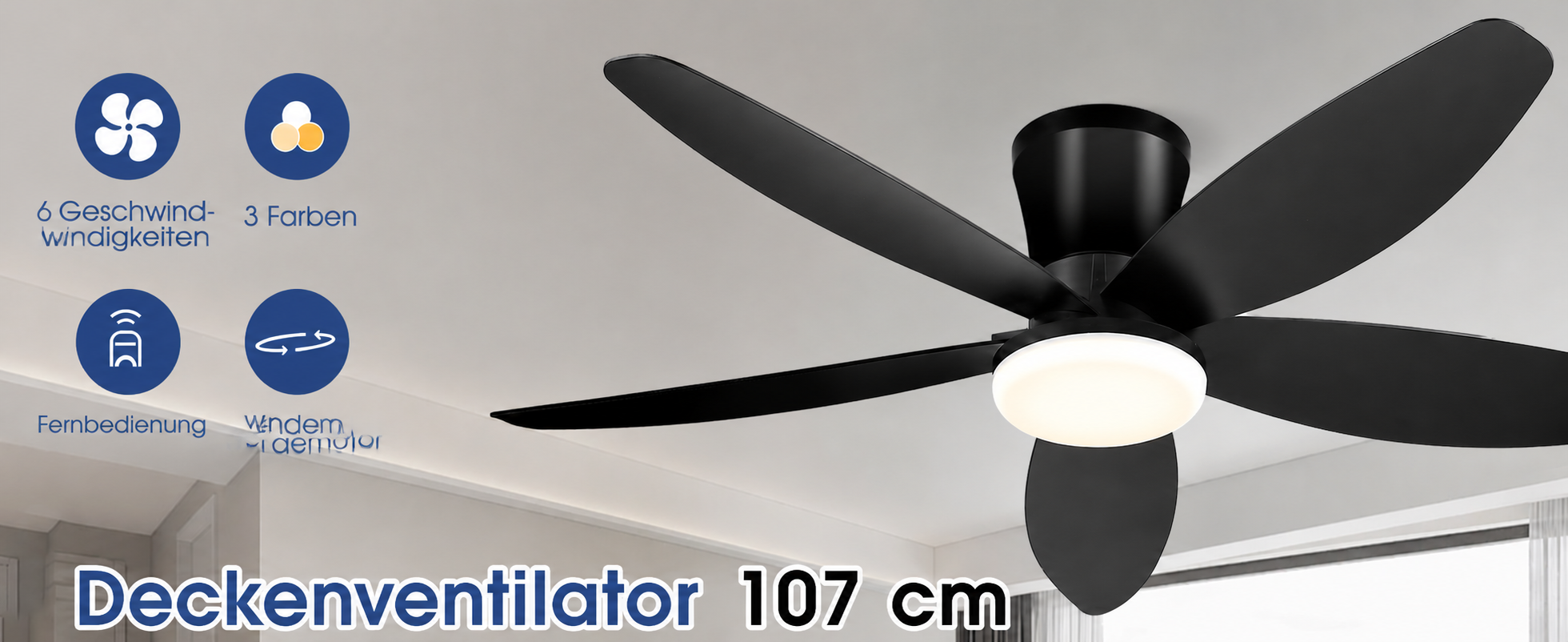 Produktansicht: Kviflon Deckenventilator Schwarz 107 cm mit LED und leisem DC-Motor