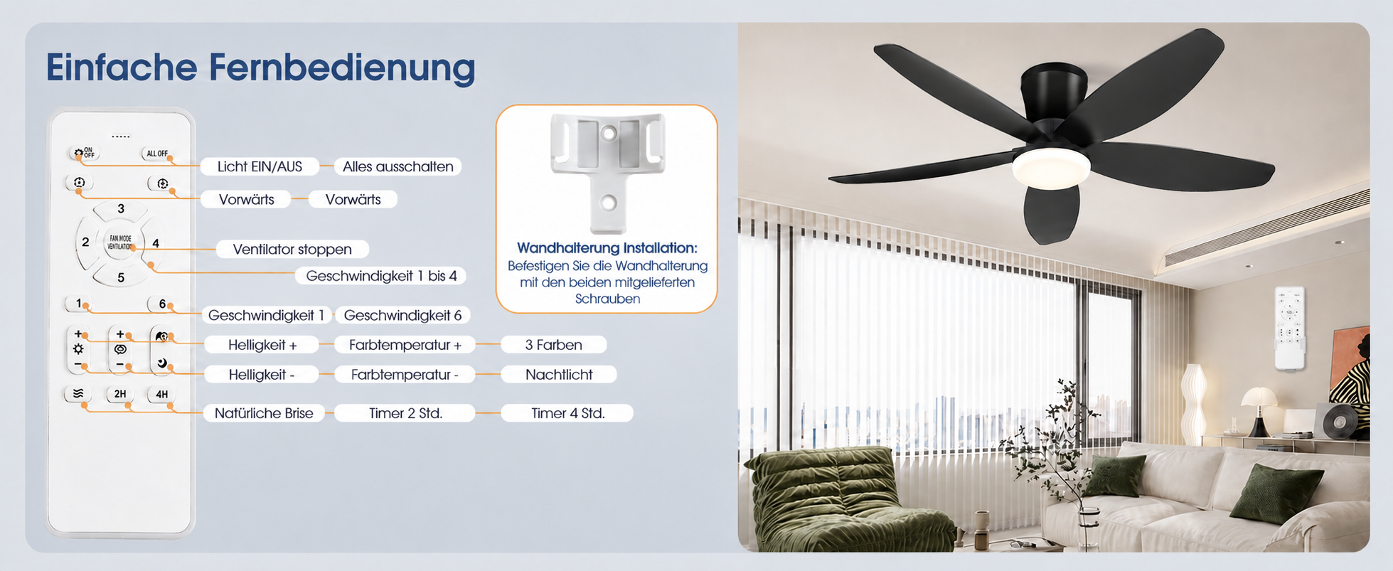 Produktansicht: Kviflon Deckenventilator Schwarz 107 cm mit LED und leisem DC-Motor