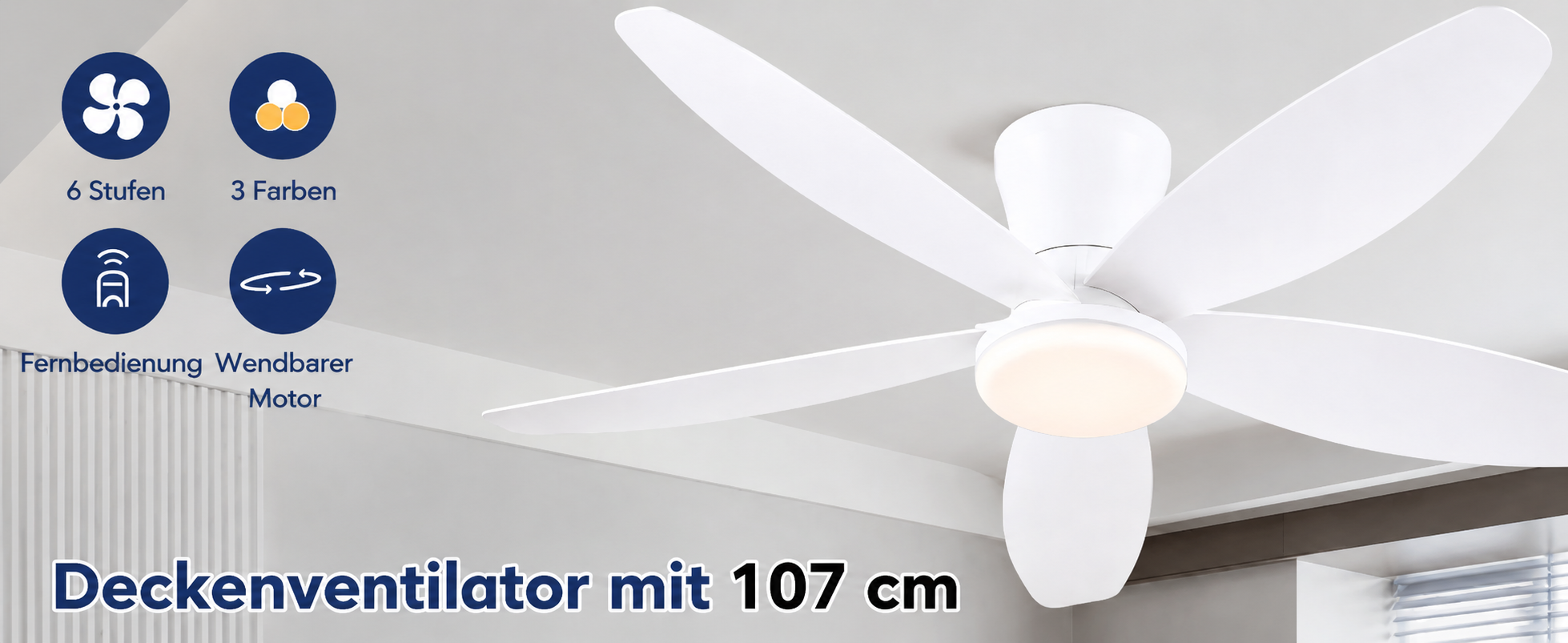 Produktansicht: Kviflon Deckenventilator Weiß 107 cm mit LED und leisem DC-Motor