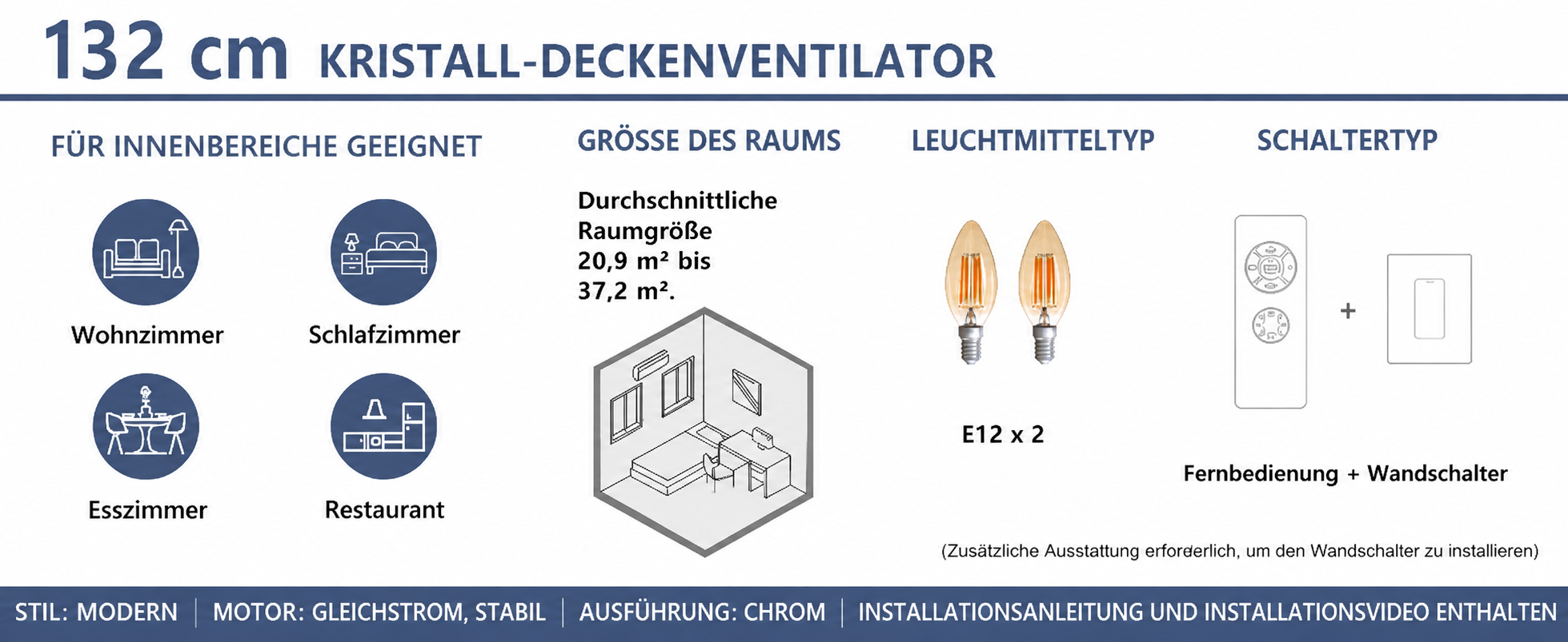Produktansicht: Kviflon Deckenventilator mit Kristallleuchte Schwarz 132 cm mit Fernbedienung und Kristallleuchte