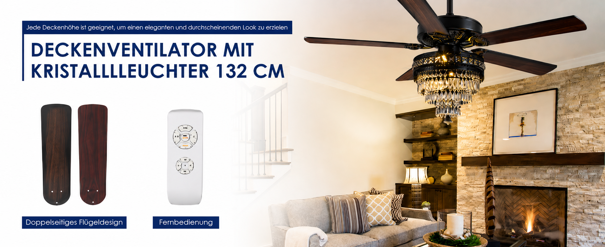 Produktansicht: Kviflon Deckenventilator mit Kristallleuchte Schwarz 132 cm mit Fernbedienung und Kristallleuchte