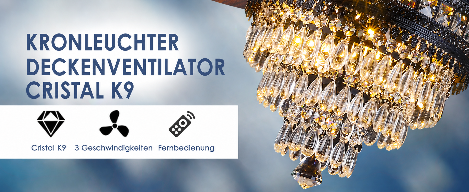 Produktansicht: Kviflon Deckenventilator mit Kristallleuchte Schwarz 132 cm mit Fernbedienung und Kristallleuchte