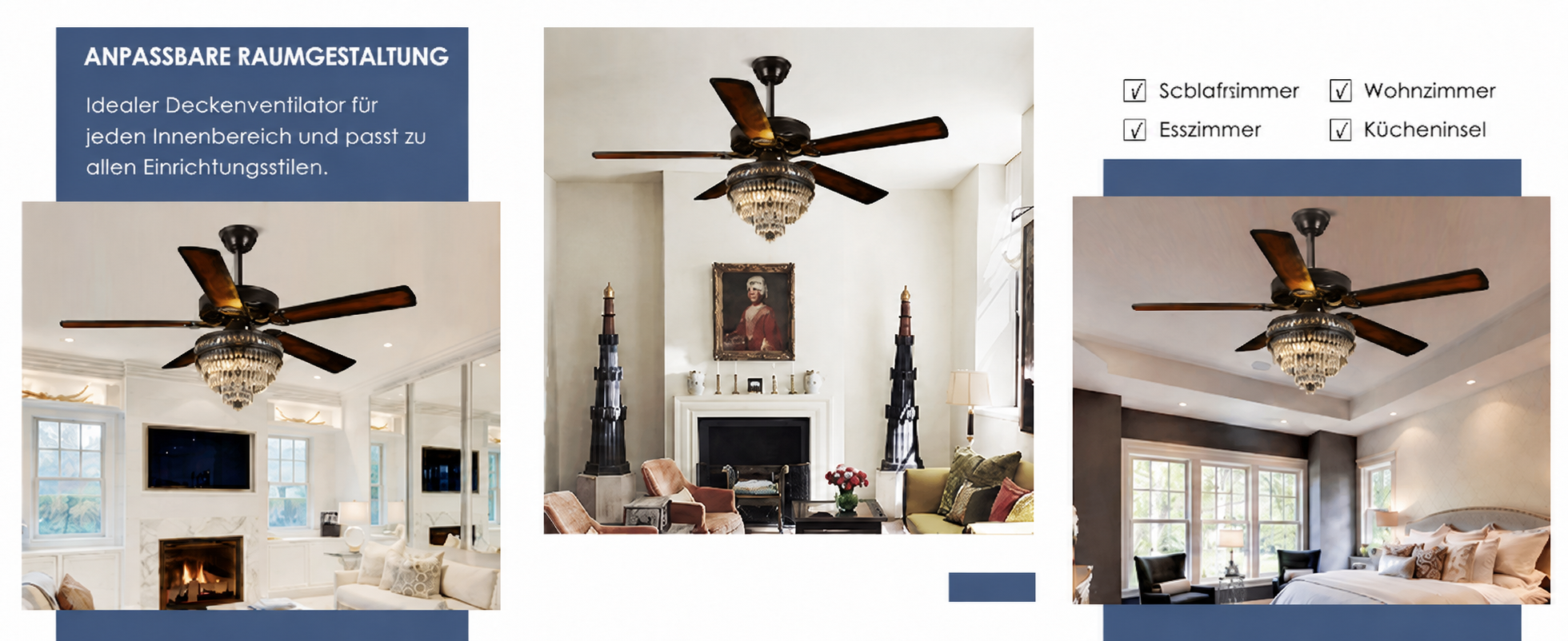 Produktansicht: Kviflon Deckenventilator mit Kristallleuchte Schwarz 132 cm mit Fernbedienung und Kristallleuchte