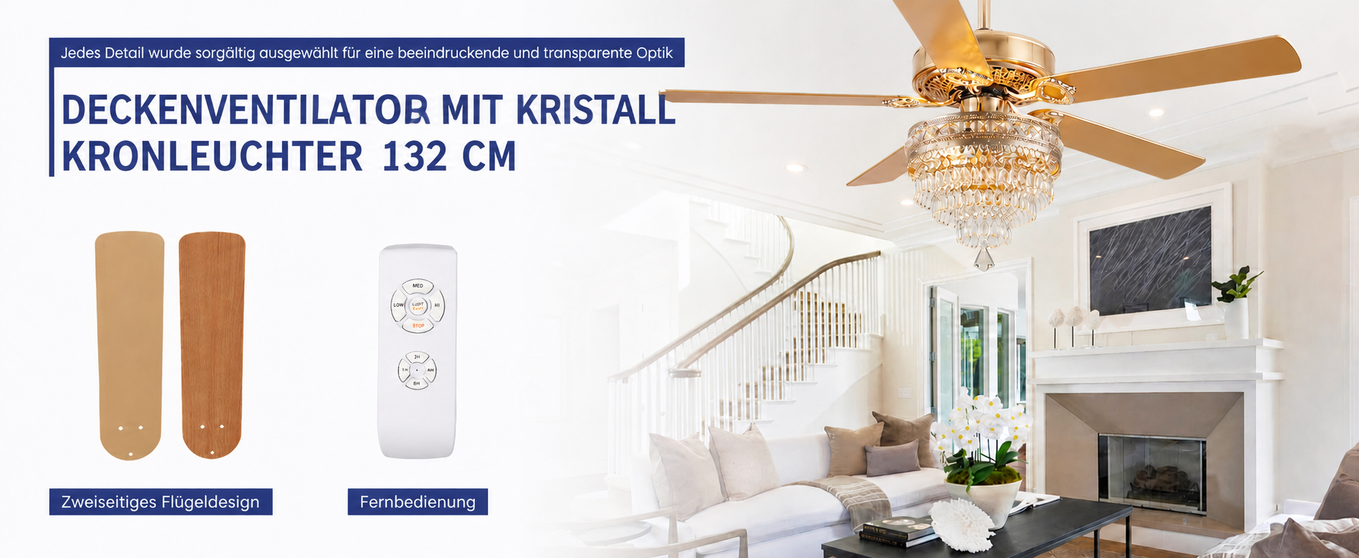 Produktansicht: Kviflon Deckenventilator mit Kristallleuchte Goldfarben 132 cm mit Fernbedienung und Kristallleuchte
