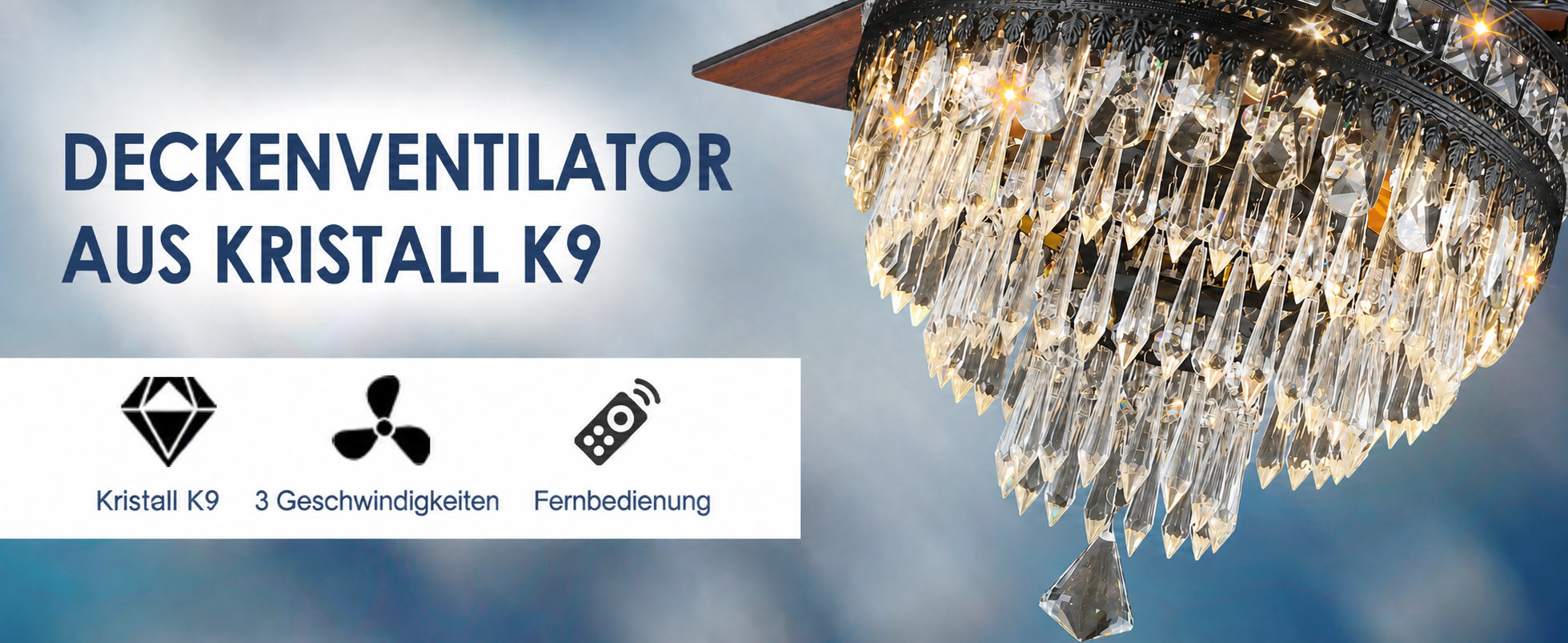 Produktansicht: Kviflon Deckenventilator mit Kristallleuchte Schwarz 157 cm mit Fernbedienung und Kristallleuchte