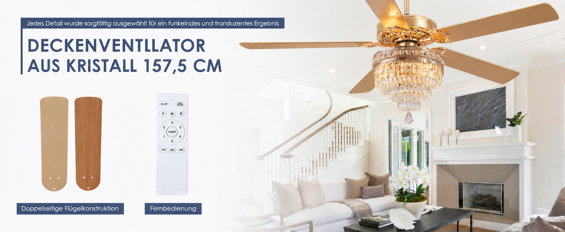 Produktansicht: Kviflon Deckenventilator mit Kristallleuchte Goldfarben 157 cm mit Fernbedienung und Kristallleuchte