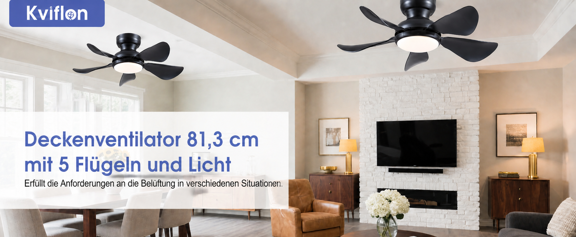 Produktansicht: Kviflon Kompakter Deckenventilator Schwarz 81 cm mit LED und leisem DC-Motor