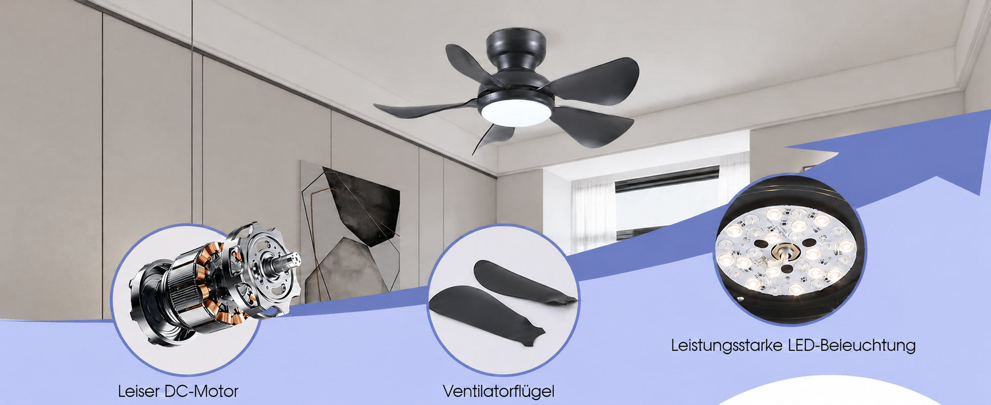 Produktansicht: Kviflon Kompakter Deckenventilator Schwarz 81 cm mit LED und leisem DC-Motor