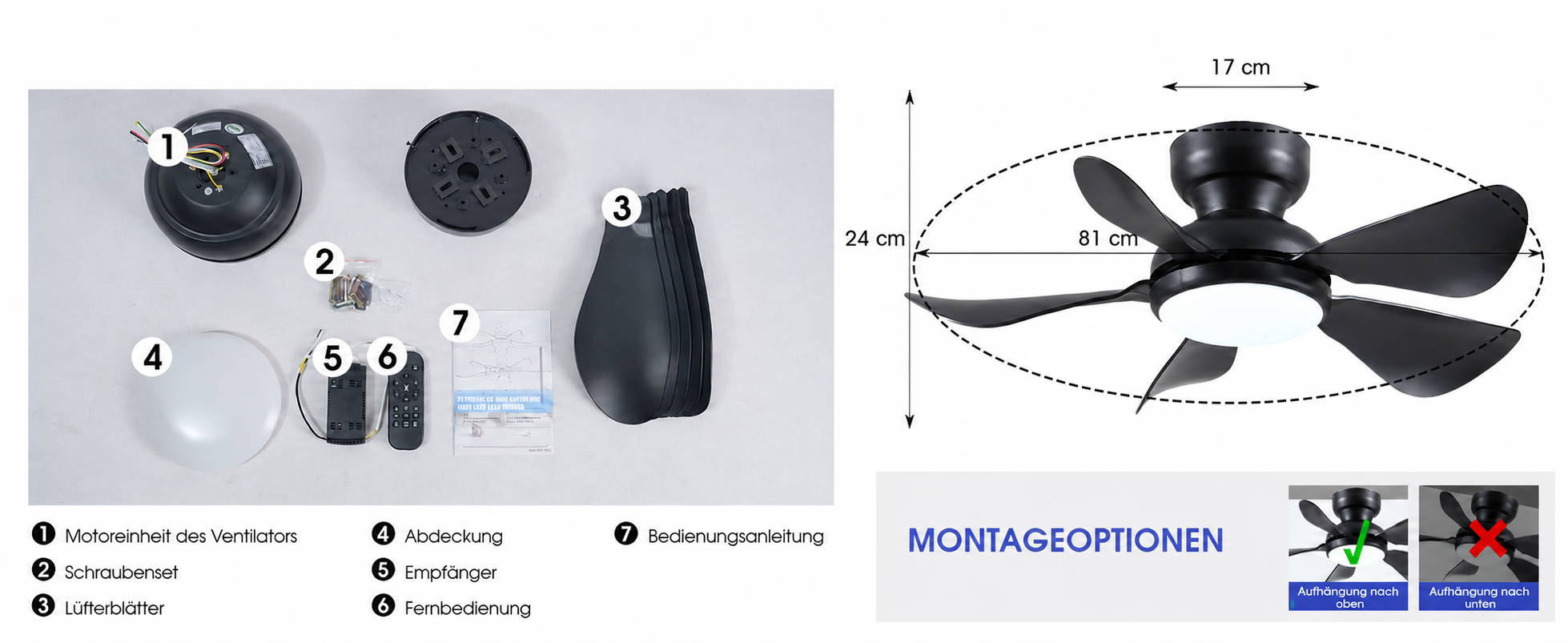 Produktansicht: Kviflon Kompakter Deckenventilator Schwarz 81 cm mit LED und leisem DC-Motor