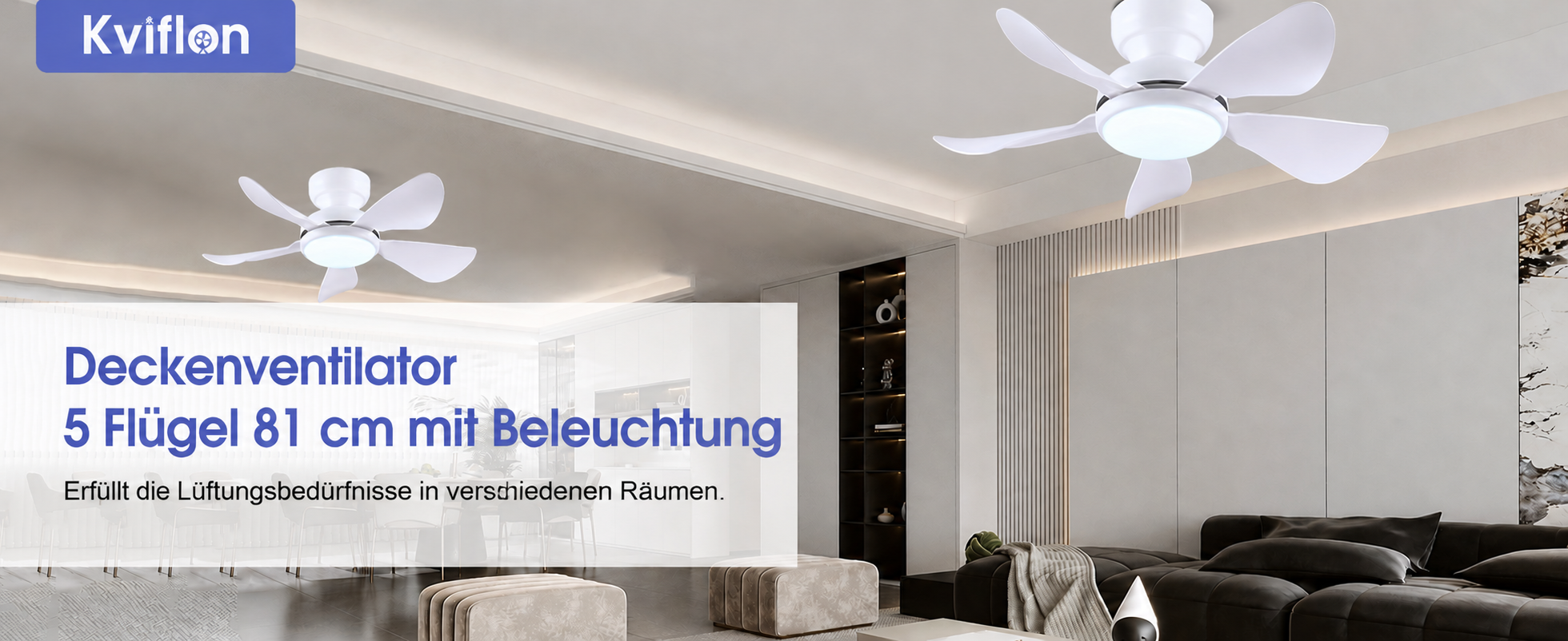 Produktansicht: Kviflon Kompakter Deckenventilator Weiß 81 cm mit LED und leisem DC-Motor