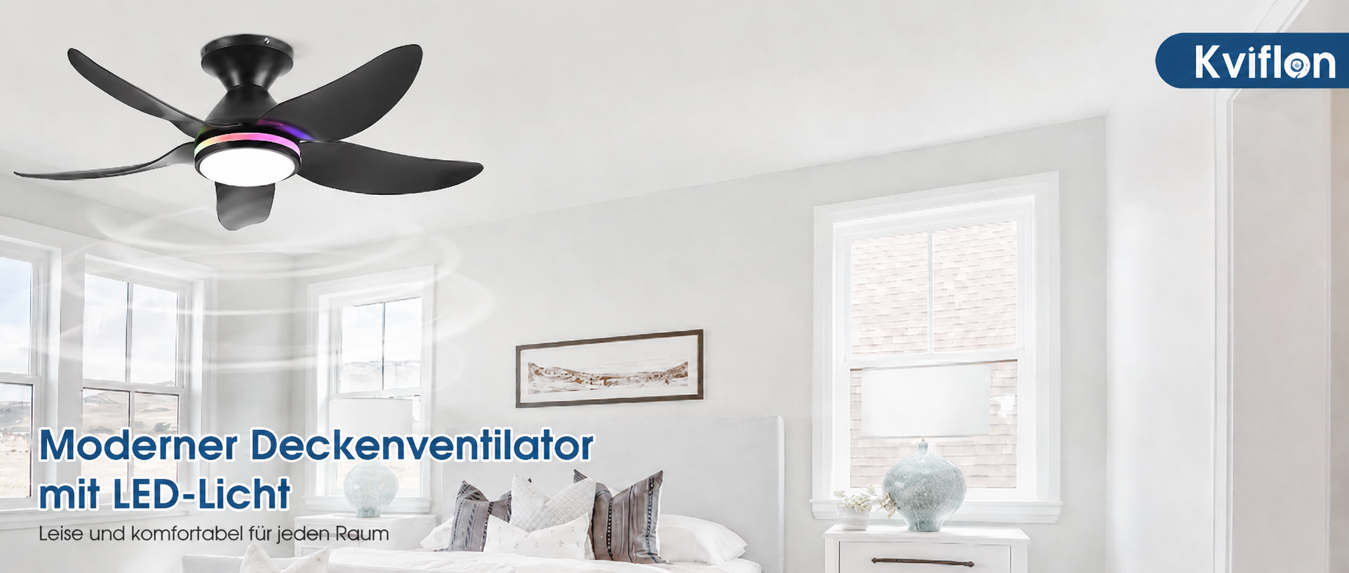 Produktansicht: Kviflon Kompakter Deckenventilator Schwarz 91 cm mit LED und leisem DC-Motor