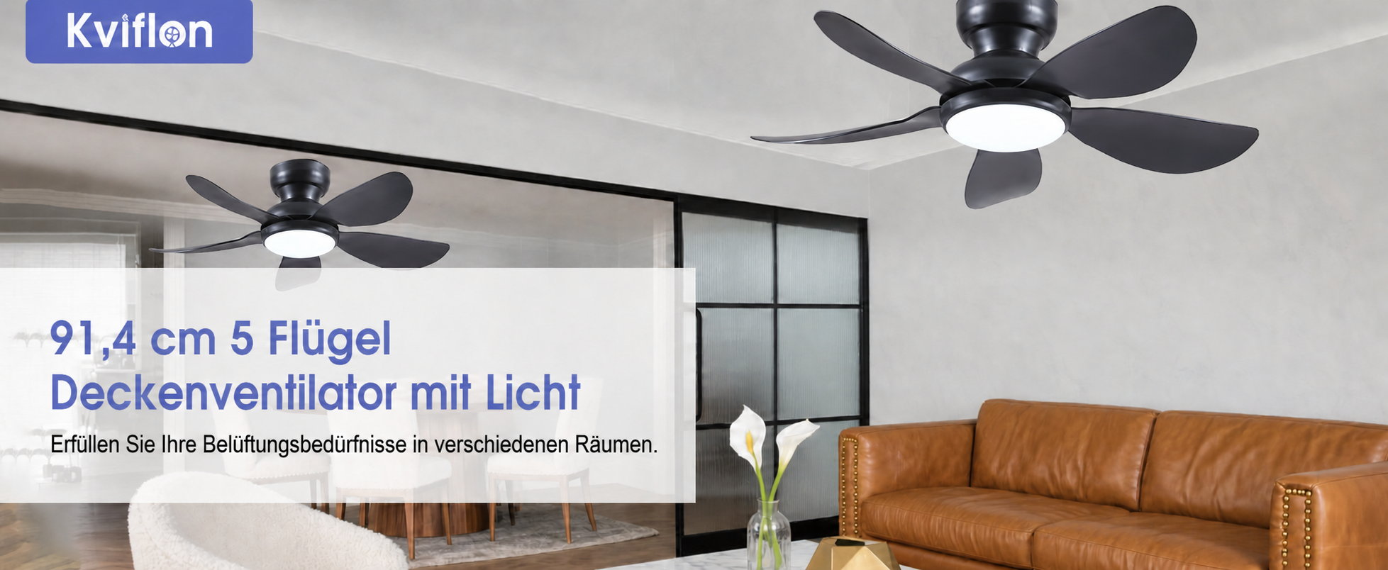 Produktansicht: Kviflon Kompakter Deckenventilator Schwarz 91 cm mit LED und leisem DC-Motor