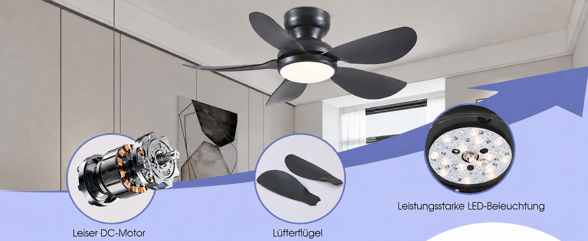 Produktansicht: Kviflon Kompakter Deckenventilator Schwarz 91 cm mit LED und leisem DC-Motor