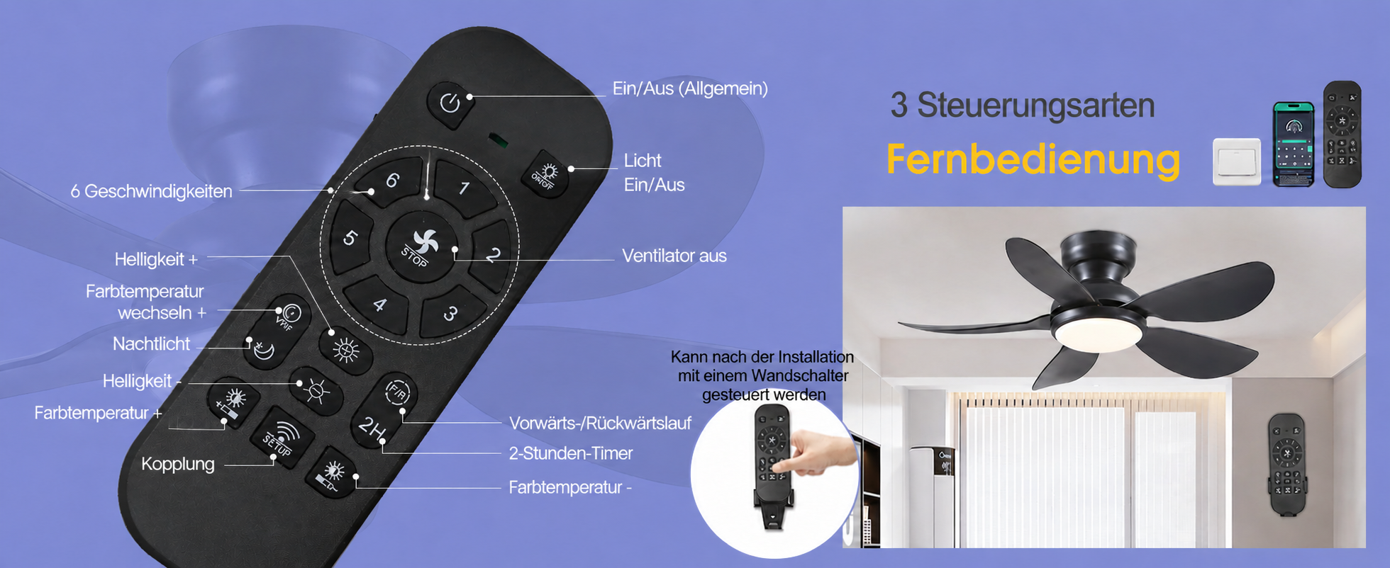 Produktansicht: Kviflon Kompakter Deckenventilator Schwarz 91 cm mit LED und leisem DC-Motor