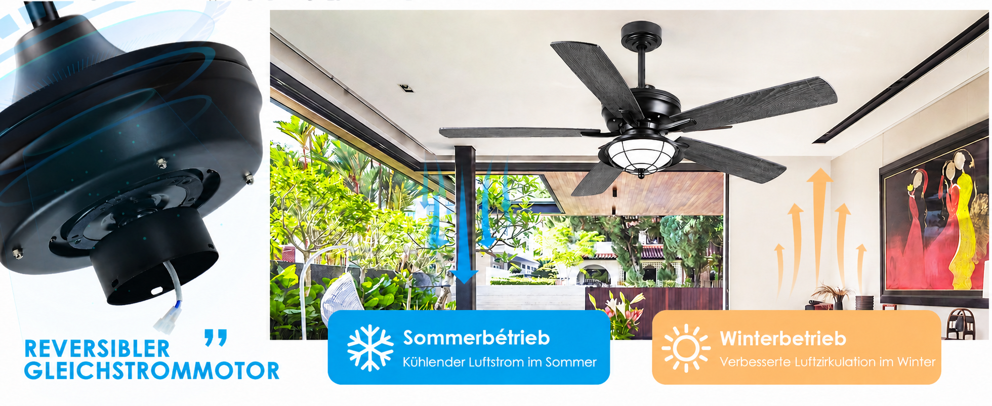 Produktansicht: Kviflon Deckenventilator für geschützte Außenbereiche Schwarz 132 cm mit LED und leisem DC-Motor