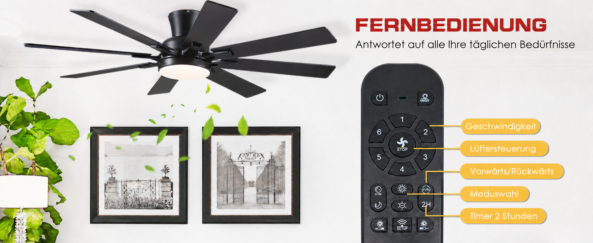 Produktansicht: Kviflon Flacher Deckenventilator mit 8 Flügeln Schwarz 132 cm mit LED und leisem DC-Motor