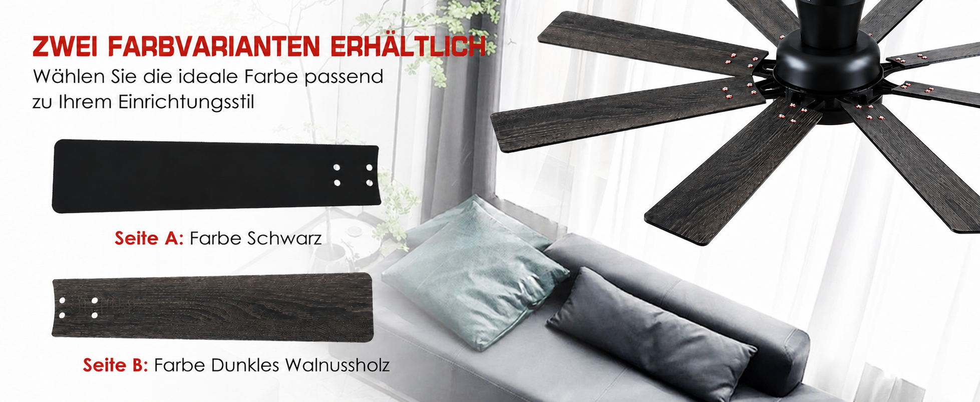 Produktansicht: Kviflon Flacher Deckenventilator mit 8 Flügeln Schwarz 132 cm mit LED und leisem DC-Motor