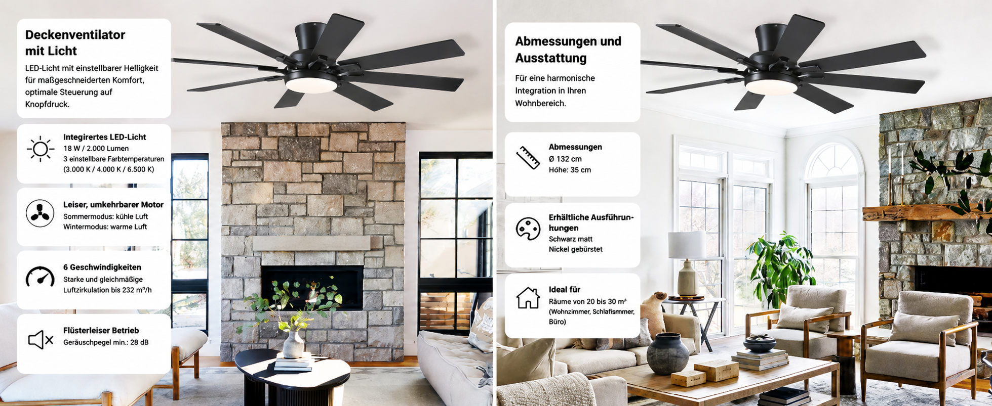 Produktansicht: Kviflon Flacher Deckenventilator mit 8 Flügeln Schwarz 132 cm mit LED und leisem DC-Motor