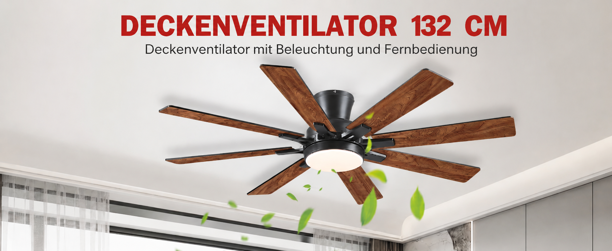 Produktansicht: Kviflon Flacher Deckenventilator mit 8 Flügeln Braun 132 cm mit LED und leisem DC-Motor