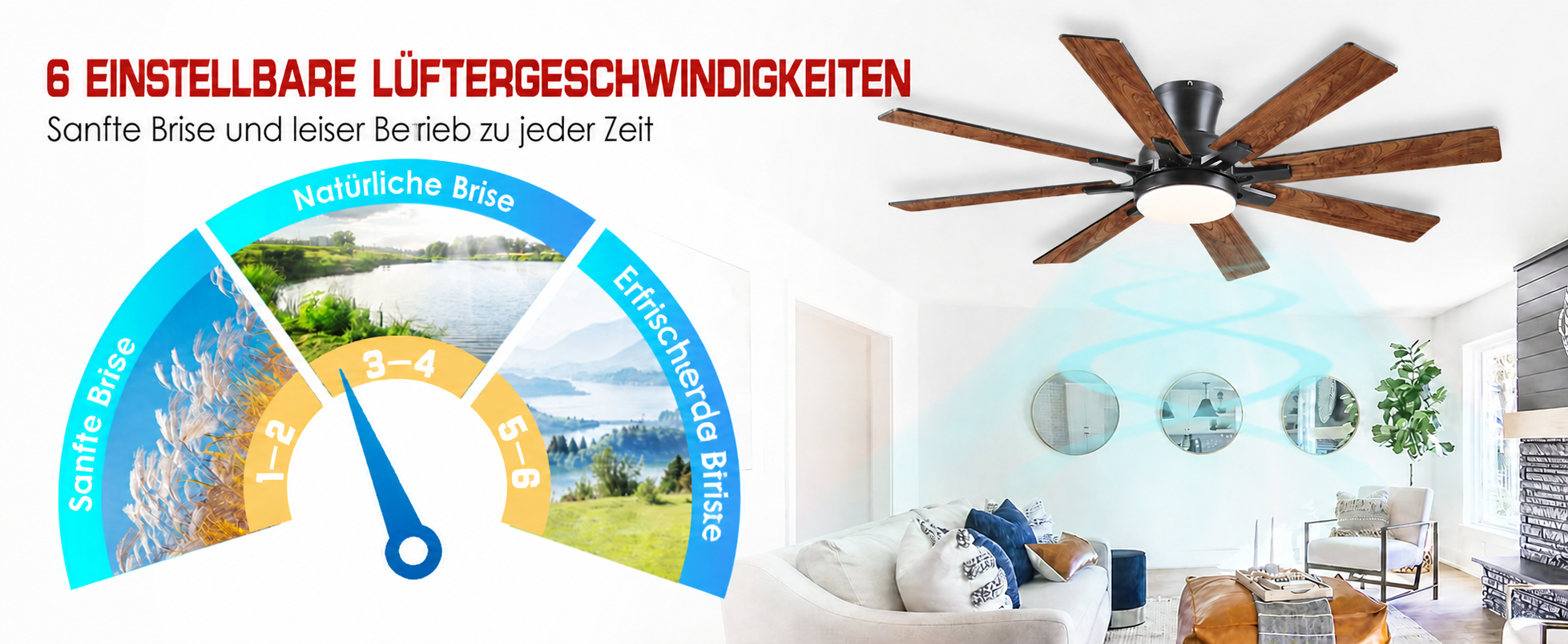 Produktansicht: Kviflon Flacher Deckenventilator mit 8 Flügeln Braun 132 cm mit LED und leisem DC-Motor
