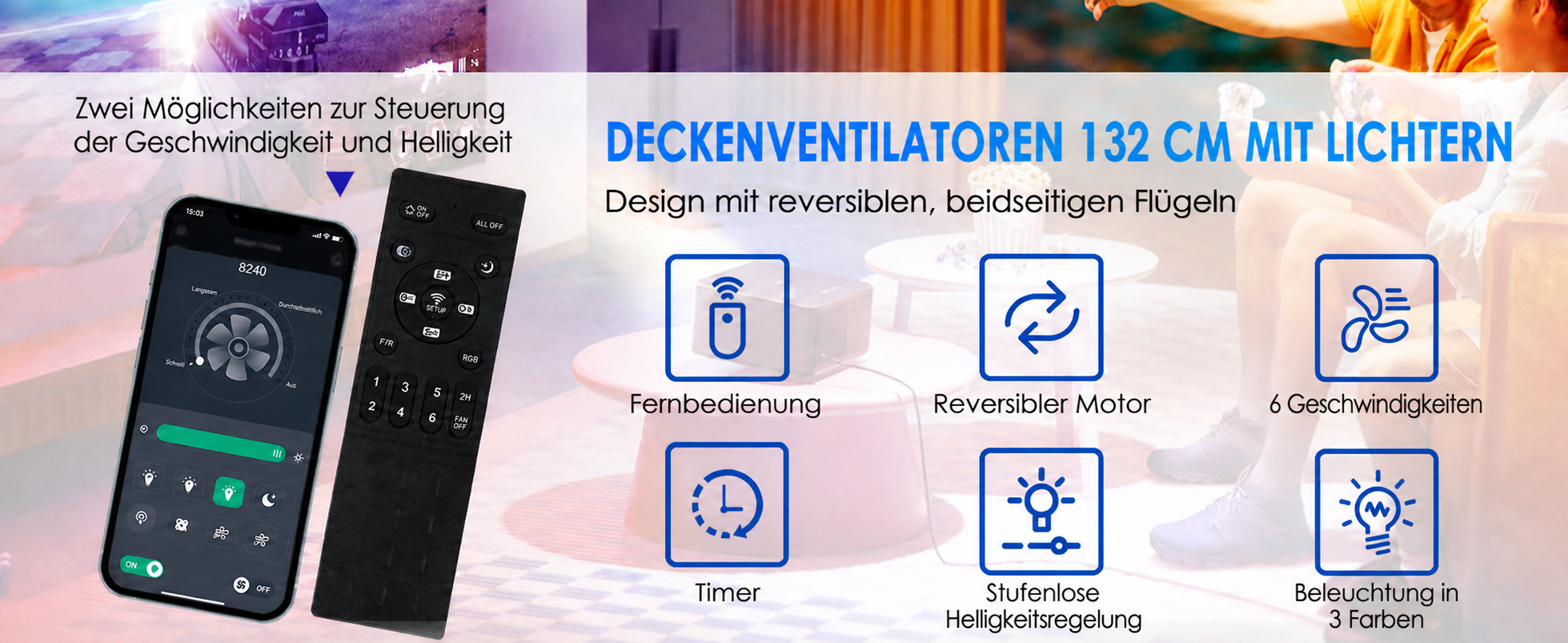 Produktansicht: Kviflon Flacher RGB-Deckenventilator Schwarz 132 cm mit RGB-LED und leisem DC-Motor