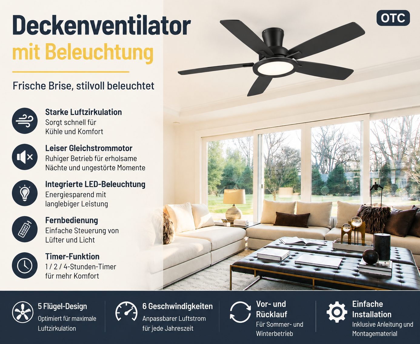 Produktansicht: Kviflon Flacher RGB-Deckenventilator Schwarz 132 cm mit RGB-LED und leisem DC-Motor