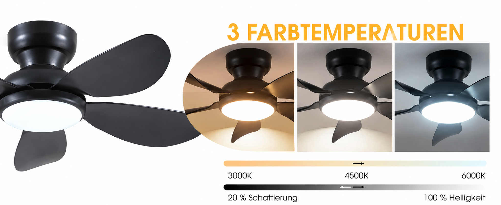 Produktansicht: Kviflon Kompakter Deckenventilator Schwarz 91 cm mit LED und leisem DC-Motor