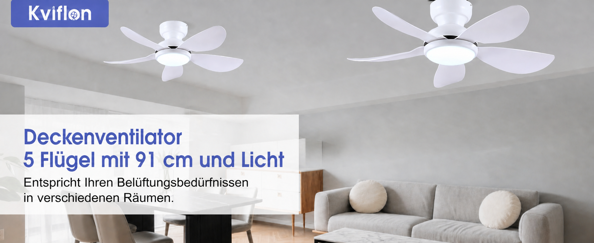 Produktansicht: Kviflon Kompakter Deckenventilator Weiß 91 cm mit LED und leisem DC-Motor