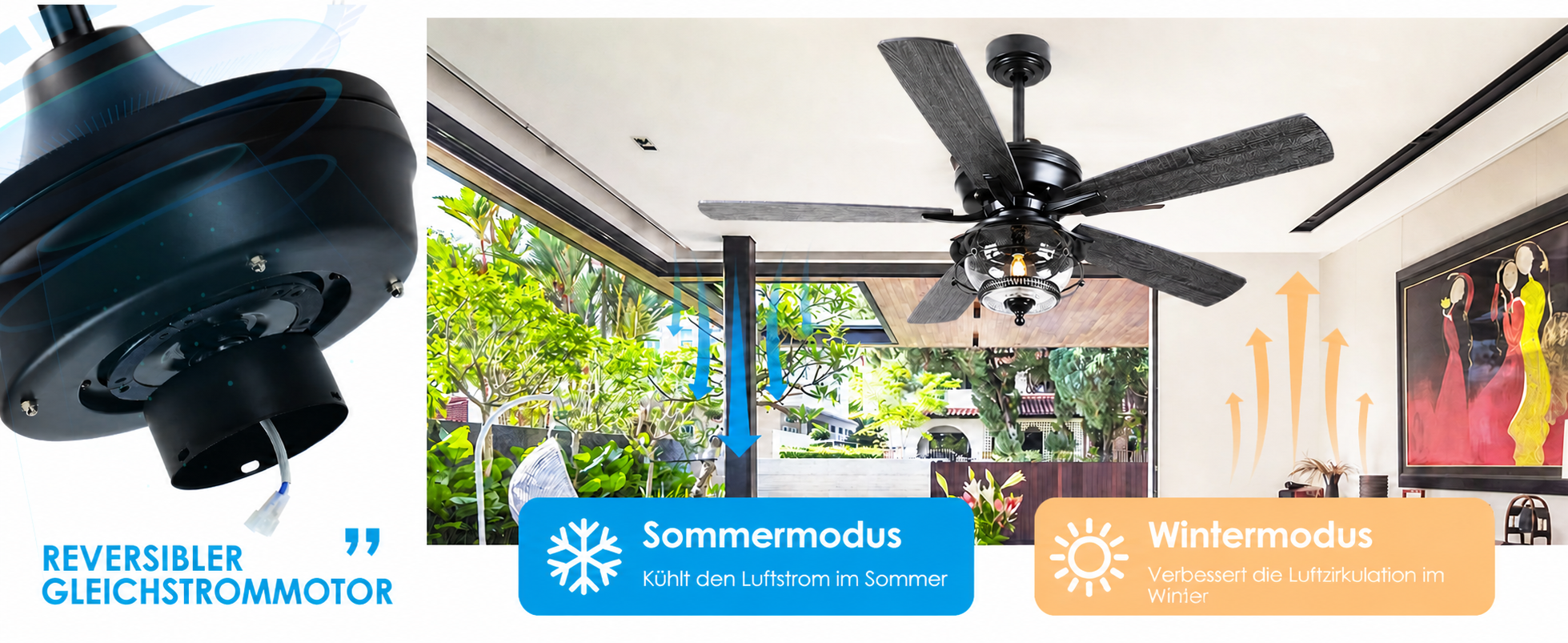 Produktansicht: Kviflon Deckenventilator für geschützte Außenbereiche Schwarz 132 cm mit LED und leisem DC-Motor