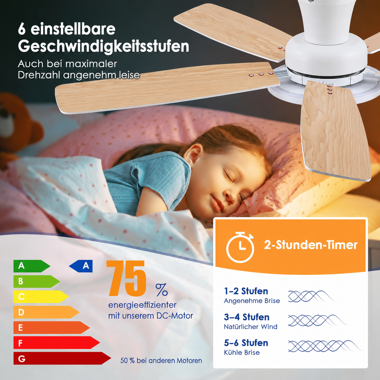 Produktansicht: Kviflon Flacher RGB-Deckenventilator Weiß 132 cm mit RGB-LED und leisem DC-Motor