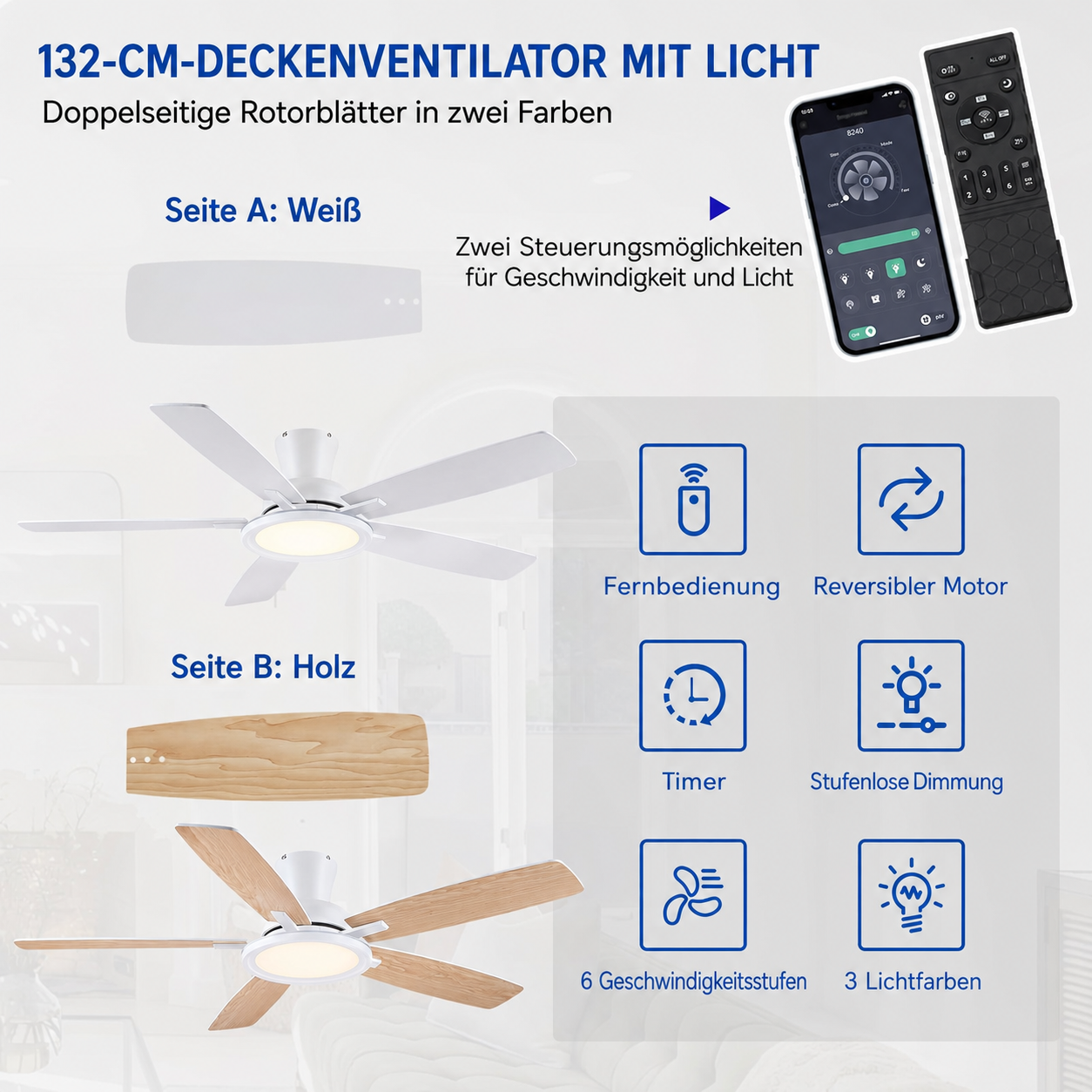 Produktansicht: Kviflon Flacher RGB-Deckenventilator Weiß 132 cm mit RGB-LED und leisem DC-Motor