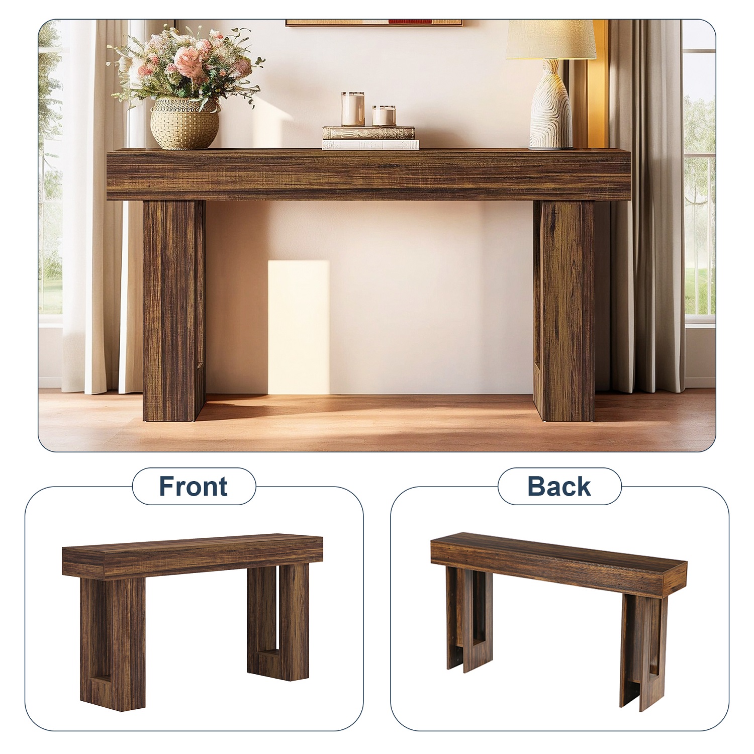 Topcobe 63-Inch Console Table, Farmhouse Wooden Sofa Table Entryway Table, Modern Furniture for Indoor, Living Room, Brown