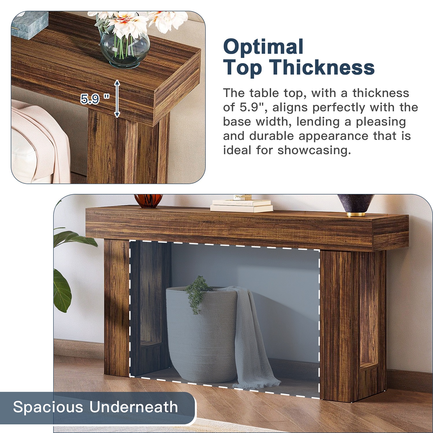 Topcobe 63-Inch Console Table, Farmhouse Wooden Sofa Table Entryway Table, Modern Furniture for Indoor, Living Room, Brown