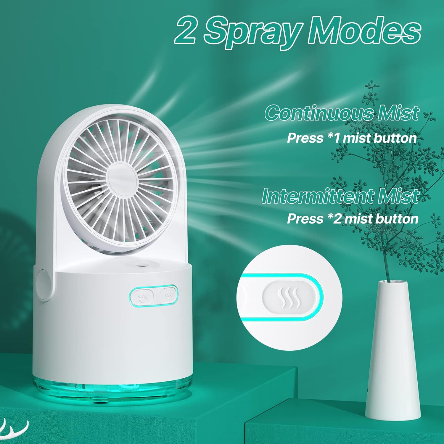 thumbnail image 2 of Ventilador de nebulización portátil, ventilador personal con tanque de agua de 300 ml y luces nocturnas de 7 colores, ventilador de nebulización de escritorio pequeño con 3 velocidades, 2 of 5