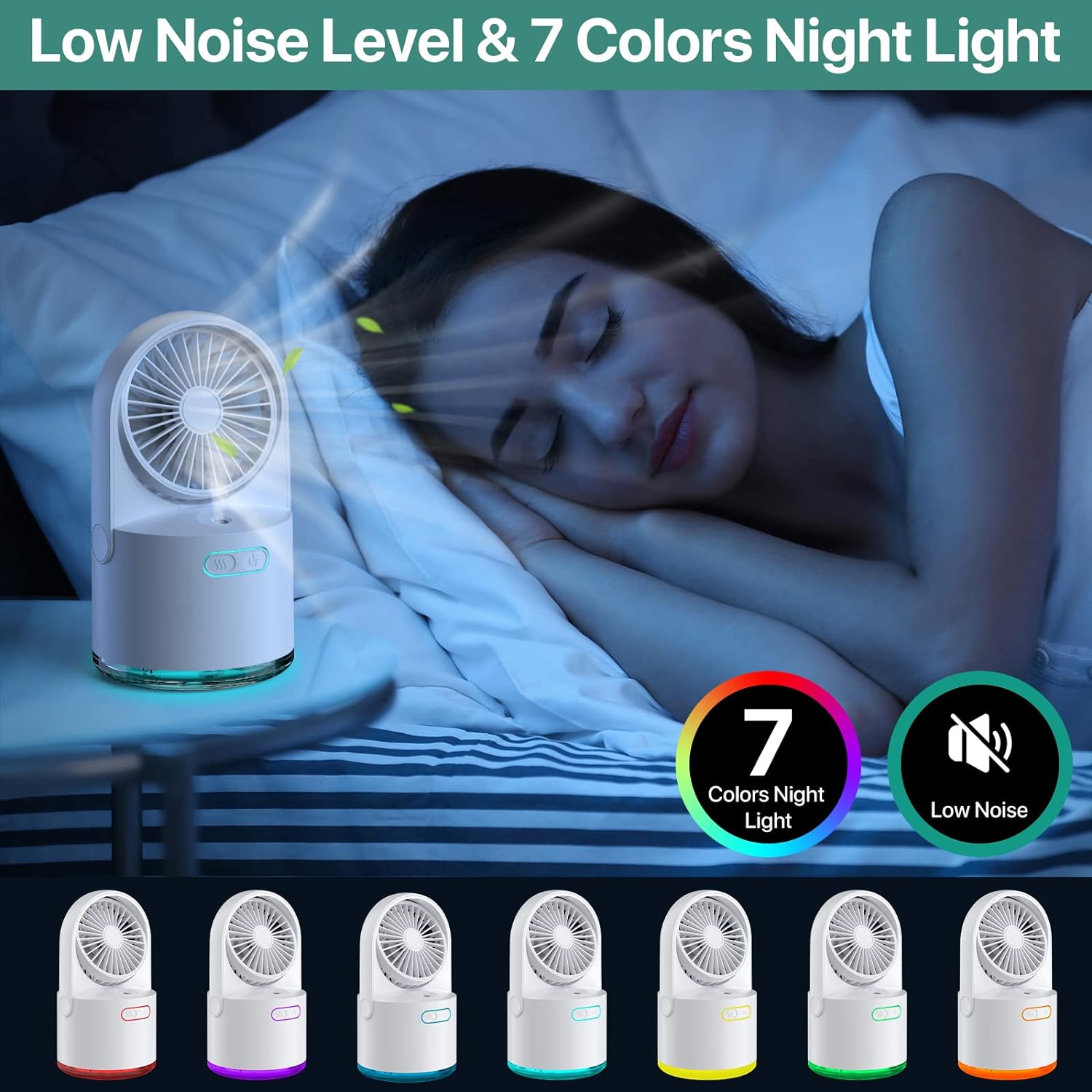 thumbnail image 5 of Ventilador de nebulización portátil, ventilador personal con tanque de agua de 300 ml y luces nocturnas de 7 colores, ventilador de nebulización de escritorio pequeño con 3 velocidades, 5 of 5