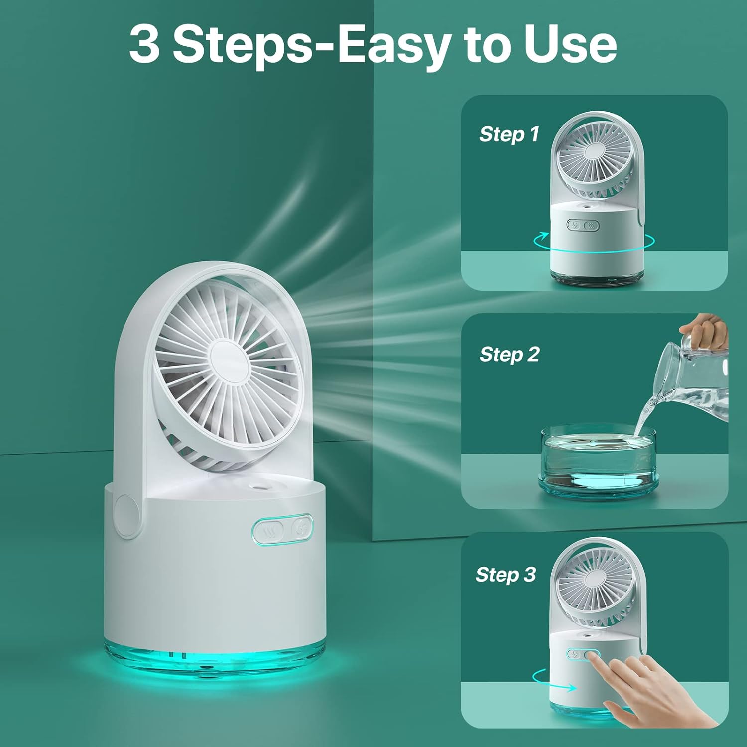 thumbnail image 3 of Ventilador de nebulización portátil, ventilador personal con tanque de agua de 300 ml y luces nocturnas de 7 colores, ventilador de nebulización de escritorio pequeño con 3 velocidades, 3 of 5