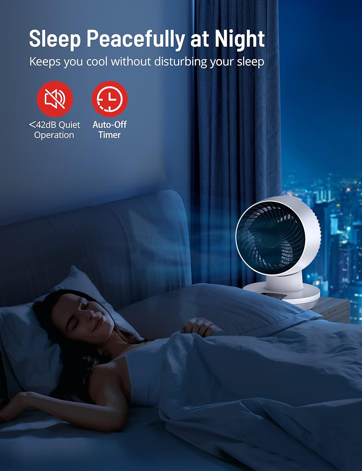 thumbnail image 4 of Ventilador de circulación de aire con control remoto, pequeño ventilador de escritorio oscilante, con temporizador de 8 horas, inclinación de 90 grados, 3 velocidades, pantalla LED, control, 4 of 5