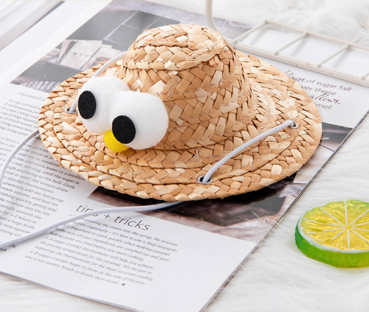 thumbnail image 2 of Sombrero de paja lindo ajustable hecho a mano, sombrero para gato, moda divertida, sombrero para el sol para mascotas, sombrero de verano para perro, ojo de pájaro, sombrero para gato, rojo, 2 of 5