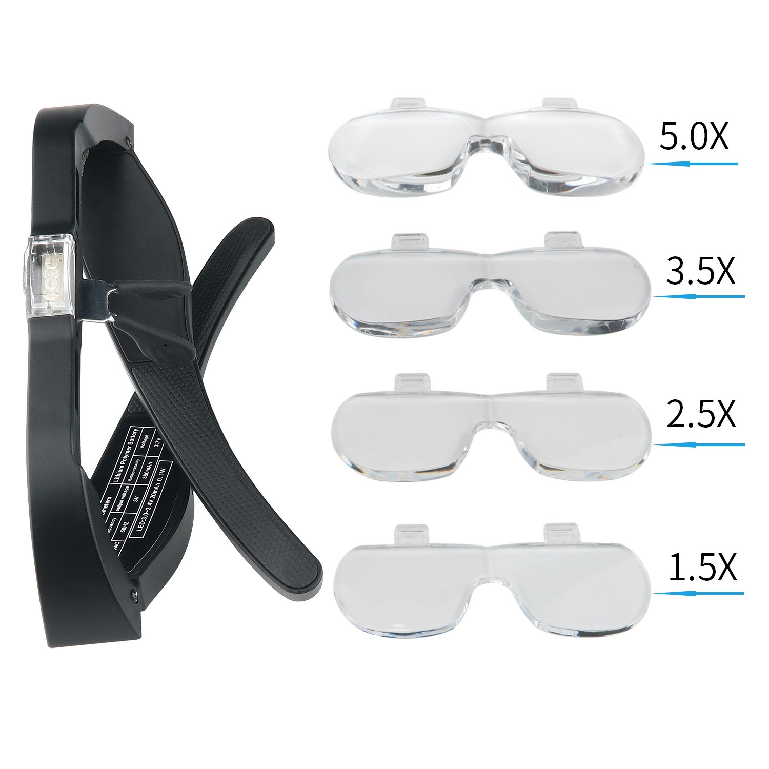 thumbnail image 3 of Lupas recargables, lupas de cabeza con 2 luces LED y lentes desmontables 1.5X, 2.5X, 3.5X, 5X, la mejor lupa para anteojos, 3 of 5