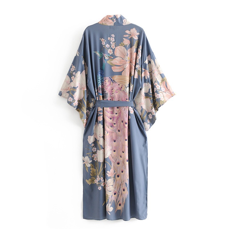 thumbnail image 2 of Batas de kimonos largas, suaves, ligeras y sedosas para mujer, bata floral de lujo para mujer (pavo real), 2 of 5