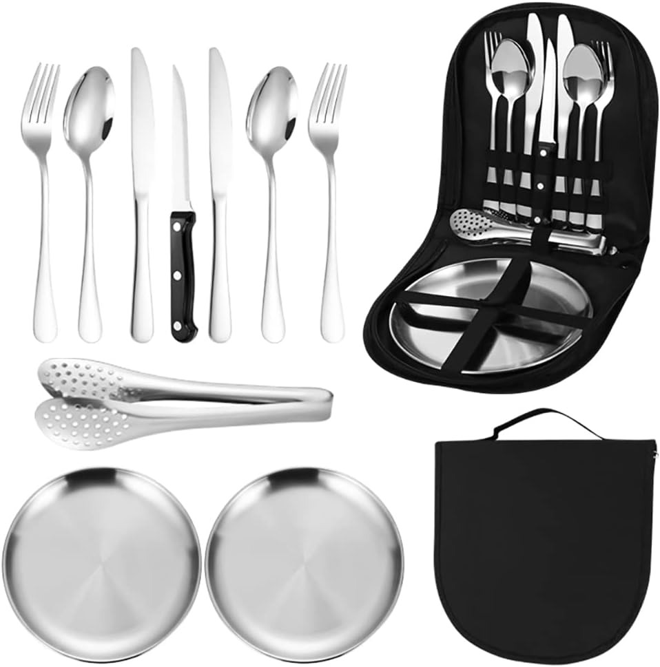 Juego de 10 piezas de cuchillo portátil, tenedor, cuchara, plato, juego de pinzas para carne, picnic para acampar, paquete de vajilla para dos personas, juego de vajilla de acero inoxidable