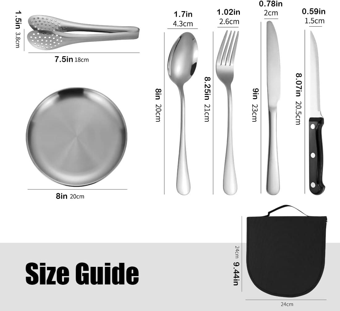 thumbnail image 4 of Juego de 10 piezas de cuchillo portátil, tenedor, cuchara, plato, juego de pinzas para carne, picnic para acampar, paquete de vajilla para dos personas, juego de vajilla de acero inoxidable, 4 of 5