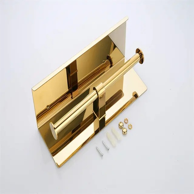 thumbnail image 4 of Portarrollos de papel higiénico de acero inoxidable con estante montado en la pared para baño (dorado, doble cabezal), 4 of 4