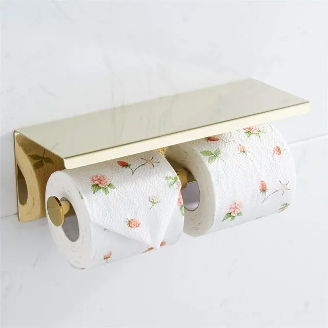 thumbnail image 2 of Portarrollos de papel higiénico de acero inoxidable con estante montado en la pared para baño (dorado, doble cabezal), 2 of 4