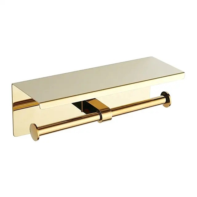 Portarrollos de papel higiénico de acero inoxidable con estante montado en la pared para baño (dorado, doble cabezal)