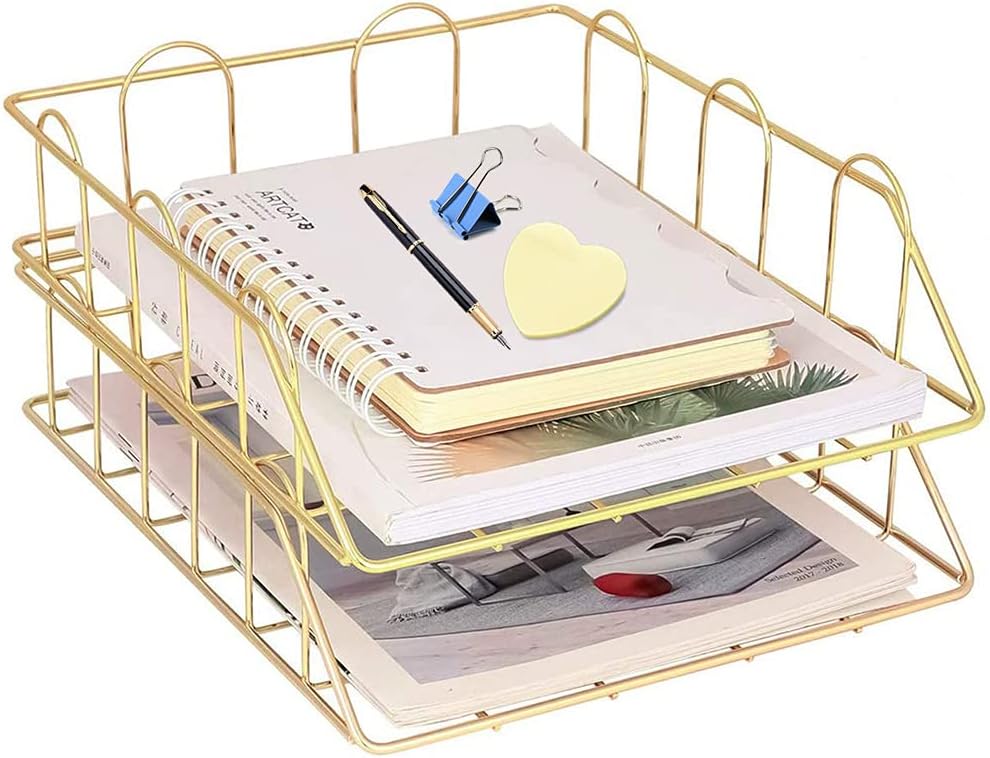 thumbnail image 4 of Caja de almacenamiento de archivos de Metal apilable de escritorio, caja de almacenamiento de papel de carta A4, bandeja archivadora de Metal para el hogar (dorado), 2 uds., 4 of 5