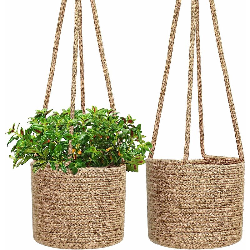 Macetas colgantes Cesta colgante de cuerda de yute Colgador de plantas tejido Soporte para plantas colgante de interior con cuerda larga para colgar Organizador de almacenamiento decorativo