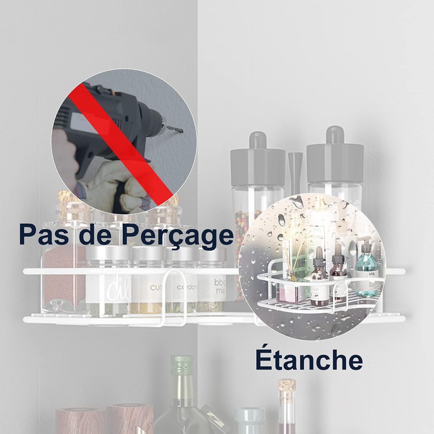 thumbnail image 2 of Estante de ducha de esquina, almacenamiento de baño puede soportar 5 kg de peso, estante de ducha sin perforación, inoxidable para cesta de ducha, 2 of 5
