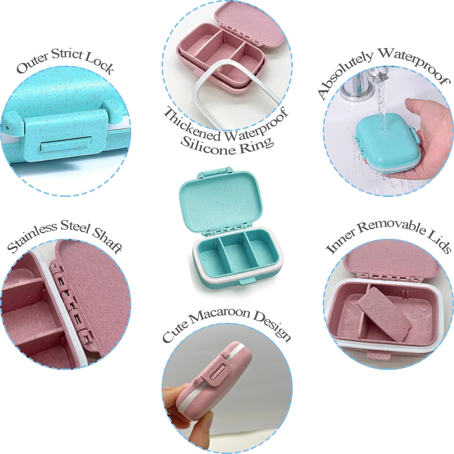 thumbnail image 3 of Pastillero pequeño, organizadores de pastillas de viaje, caja de almacenamiento de medicamentos portátil, pastillero de trigo con 3 compartimentos para bolso. mini, 3 of 5