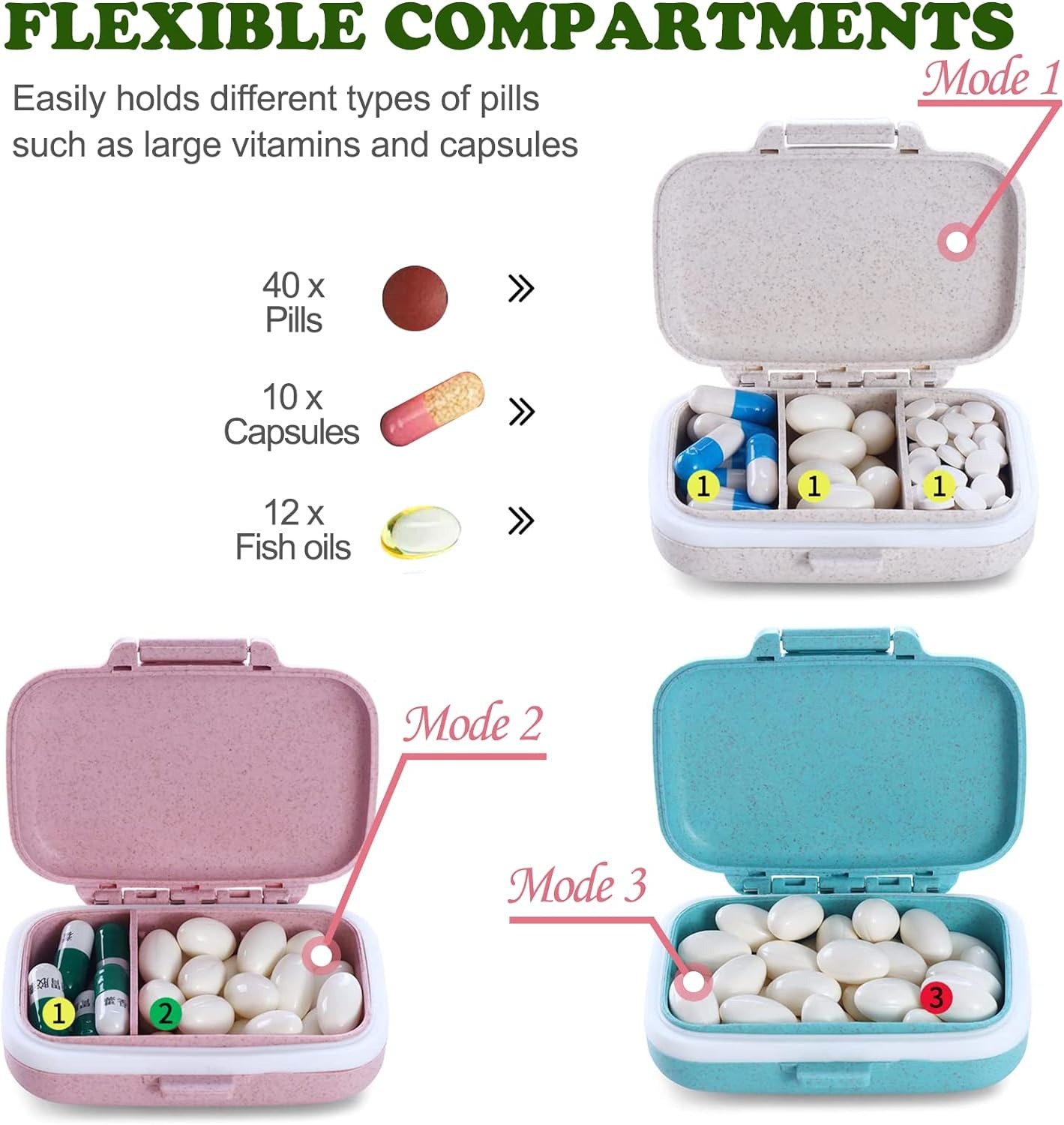 thumbnail image 2 of Pastillero pequeño, organizadores de pastillas de viaje, caja de almacenamiento de medicamentos portátil, pastillero de trigo con 3 compartimentos para bolso. mini, 2 of 5